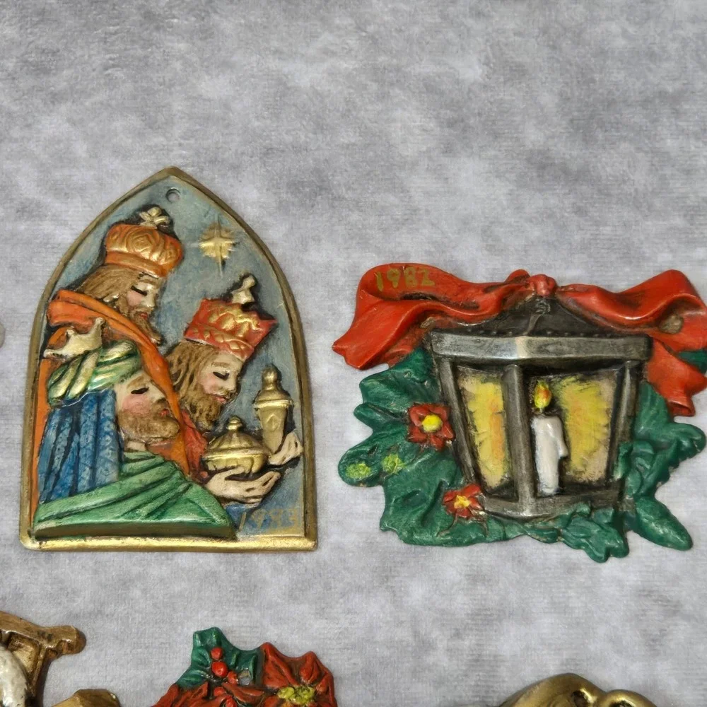 Ceramic Christmas Ornaments Vintage 1980s Hand painted Set of 9
